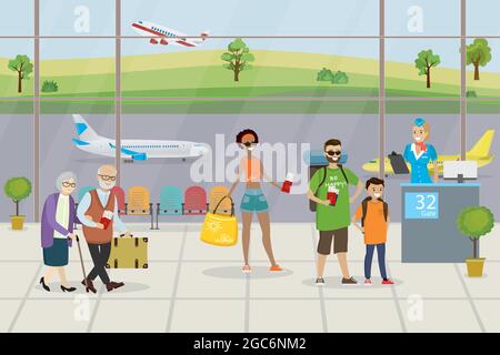 Coda di viaggiatori con bagaglio per il check-in per volo aereo. Hostess aria e personaggi diversi nella zona di partenza, Runway e aerei sul retro Illustrazione Vettoriale