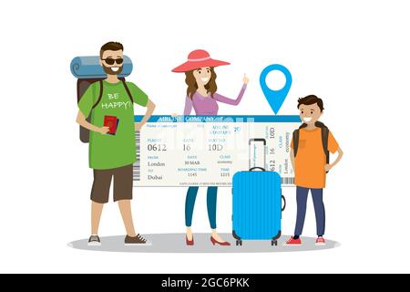 Felici i viaggiatori in famiglia con bagaglio e grande carta d'imbarco, divertente concetto di vacanza Illustrazione Vettoriale