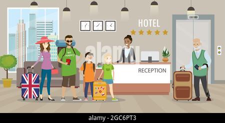 Cartoon persone con bagagli e donna receptionist.Travel e concetto di ospitalità Illustrazione Vettoriale