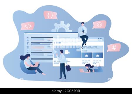 Sviluppo di software o applicazioni: Front-end e back-end, programmatori e persone aziendali Illustrazione Vettoriale
