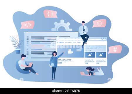 Sviluppo front-end e back-end, personaggi umani con gadget intelligenti, Illustrazione Vettoriale