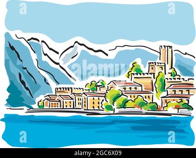 Vista panoramica di una zona del Lago di Garda in Italia. Illustrazione Vettoriale