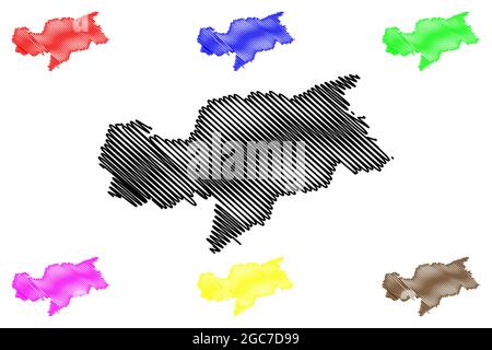 Mappa dell'Alto Adige (Italia, Repubblica Italiana, Trentino-Alto Adige o Trentino-Alto Adige, Regione Autonoma Sudtirol), illustrazione vettoriale, sci da scarabocchio, ecc. Illustrazione Vettoriale