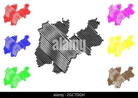 Provincia trentina (Italia, Repubblica Italiana, Trentino-Alto Adige o Trentino-Alto Adige, Regione Autonoma Sudtirol) mappa vettoriale, scribble Illustrazione Vettoriale