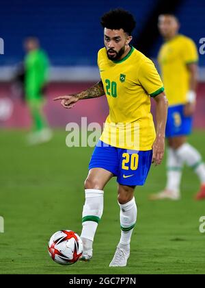 YOKOHAMA, GIAPPONE - 7 AGOSTO: Claudinho del Brasile durante il torneo olimpico di calcio maschile di Tokyo 2020 Medaglia d'oro tra Brasile e Spagna allo stadio internazionale Yokohama il 7 agosto 2021 a Yokohama, Giappone (Foto di Pablo Morano/Orange Pictures) Foto Stock