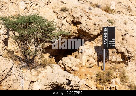 Mleiha, Emirati Arabi Uniti, 24.11.2020. Le Grotte di Wadi nella Valle delle Grotte nel Centro Archeologico di Mleiha, i Monti al Faya, Sharjah. Grotte calcaree neolitiche Foto Stock