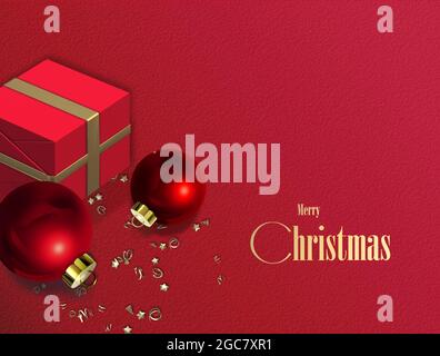 Decorazioni rosse di Natale. Composizione di Natale. Scatola regalo rossa, palline rosse baubles su sfondo rosso. Testo in oro Buon Natale. Natale 2022 Capodanno design. Spazio di copia. Illustrazione 3D Foto Stock