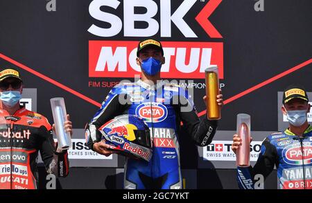 Autodrom Most, Most, Repubblica Ceca, 07 ago 2021, Podium 1° N° 54 Toprak Razgatlioglu 2° N° 45 Scott Redding 3° N° 55 Andrea Locatelli durante la Repubblica Ceca - FIM Superbike World Championship 2021 - Race1, World Superbike - SBK - Photo otto Moretti / LM Credit: Live Media Publishing Group/Alamy Live News Foto Stock