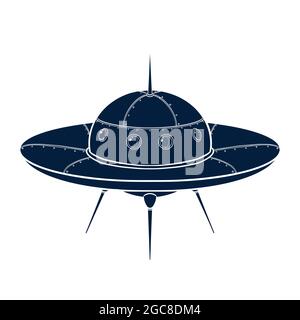 Silhouette astronave. Icona della navicella spaziale disegnata a mano. Modello di schizzo UFO per logo, emblema, Web design, Stampa, adesivi, Scheda Illustrazione Vettoriale