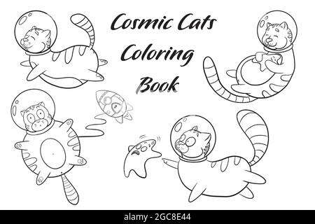 Cartoon Cats in spazio colorazione pagina. Divertente schizzo Cosmic Cats. Animali carini in illustrazioni spazio per colorare libro Illustrazione Vettoriale
