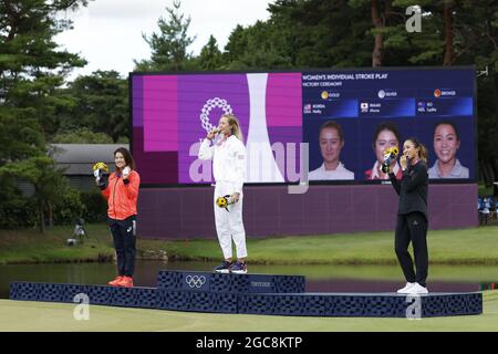 Mone INAMI (JPN) Medaglia d'Argento, KORDA Nelly (USA) Medaglia d'Oro, KO Lydia (NZL) Medaglia di Bronzo durante i Giochi Olimpici Tokyo 2020, Golf Donne individuali Stroke Play finale il 7 agosto 2021 al Kasumigaseki Country Club di Saitama, Giappone - Foto Yuya Nagase / Foto Kishimoto / DPPI Foto Stock