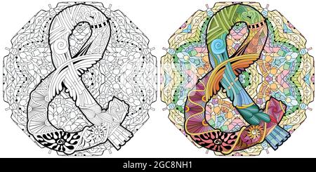 Ampersand a zentangle disegnata a mano sul mandala per la colorazione. Oggetto insolito decorativo vettoriale. Set di colori e contorni Illustrazione Vettoriale