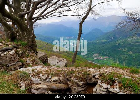 Trincee italiane o Monte Kolovrat, Slovenia. Dopo l'iniziale rapido avanzamento dell'esercito italiano, la guerra si trasformò in una lunga guerra di trincea. I soldati italiani sono stati bloccati sul Kolovrat per oltre due anni. Foto Stock