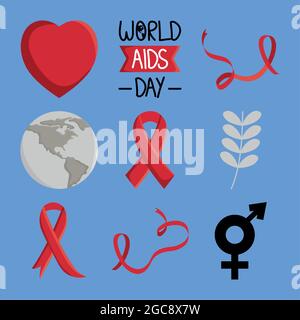 Giornata mondiale dell'AIDS e set di icone a nastro Illustrazione Vettoriale