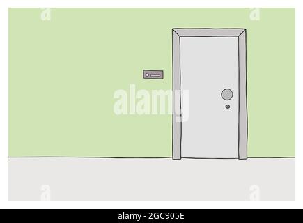 Appartamento Cartoon, porta esterna casa e campana, illustrazione vettoriale. Contorni colorati e neri. Illustrazione Vettoriale