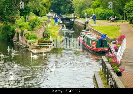 Kennett e Avon si fidano del canale narrowboat passando attraverso la cittadina Berkshire di Newbury Foto Stock