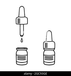 Due flaconi per farmacia con pipetta in formato vettoriale, adatti per l'uso su Internet, stampa o pubblicità. Illustrazione Vettoriale