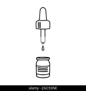 Un flacone di farmacia con un contagocce. Illustrazione vettoriale. Doodle. Adatto per l'uso su Internet, stampa o pubblicità. Illustrazione Vettoriale