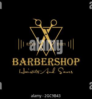 Barbershop taglia e salva Logo Design Vector Template Illustrazione Vettoriale