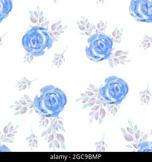 Motivo senza cuciture con foglie e fiori primaverili. Rose in fiore. Illustrazione disegnata a mano con acquerello. Foto Stock