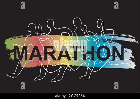 Corsa, gara, linea d'arte stilizzata. Colorato lineart stilizzato illustrazione di quattro corridori running su sfondo con iscrizione MARATHON. Illustrazione Vettoriale