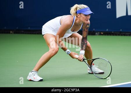 07 agosto 2021: Tereza Martincova (CZE) attende il servizio durante la partita di qualificazione WTA National Bank Open allo stadio IGA di Montreal, Quebec. David Kirouac/CSM Foto Stock