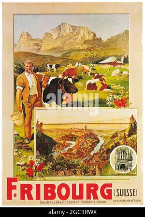 Un poster di viaggio d'epoca per Friburgo in Svizzera Foto Stock