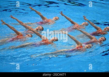 Team China (CHN) con Wenyan SUN, Xuechen HUANG, li GUO, Xinping LIANG, Chengxin YIN, Yu FENG. Nuoto sincronizzato, squadra di nuoto artistico routine gratuita. Aquatics Center il 7 agosto 2021, Giochi Olimpici estivi 2020, dal 23 luglio. - 08.08.2021 a Tokyo/Giappone. Foto Stock