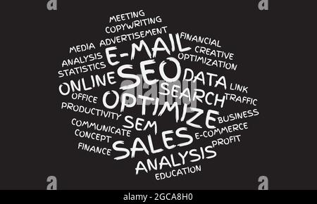 Concetto di business, SEO Word Cloud Vector con Typography pennello su sfondo nero Illustrazione Vettoriale