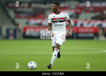 7 agosto 2021; Arena da Baixada, Curitiba, Paraná, Brasile. Calcio brasiliano DELLA LEGA A, atletico Paranaense contro San Paolo; Léo Pelé di S& xe3;o Paulo Foto Stock