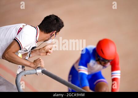 Shizuoka, Giappone. 7 agosto 2021. France Cycling : finale maschile di Madison durante i Giochi Olimpici di Tokyo 2020 al Velodrome di Izu a Shizuoka, Giappone . Credit: Shutaro Mochizuki/AFLO/Alamy Live News Foto Stock