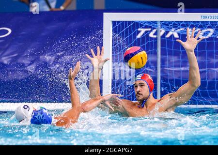 Tokyo, Giappone. 8 agosto 2021. TOKYO, GIAPPONE - 8 AGOSTO: Durante il torneo olimpico di Waterpolo di Tokyo 2020 classificazione maschile 7-8 match tra Montenegro e Italia al Tatsumi Waterpolo Center l'8 agosto 2021 a Tokyo, Giappone (Foto di Marcel ter Bals/Orange Pictures) Credit: Orange Pics BV/Alamy Live News Foto Stock