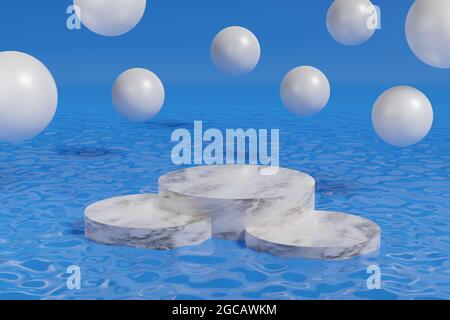 Piedistallo in marmo sull'acqua e sfere galleggianti su sfondo blu. illustrazione 3d. Foto Stock