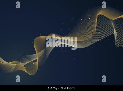 Linee gialle ondulate a onda dinamica astratta con particelle di punti su sfondo blu scuro. Illustrazione vettoriale Illustrazione Vettoriale