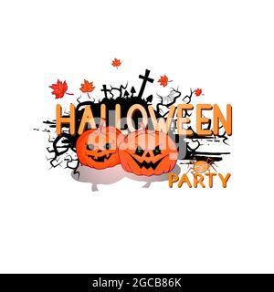 Illustrazione vettoriale con cute Pumpkins, ragno, web, e scritta Halloween partito su uno sfondo bianco. Stile cartone animato. Illustrazione Vettoriale