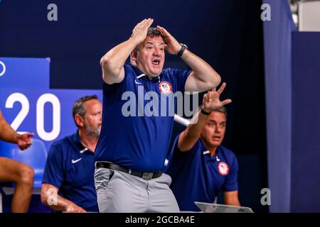 TOKYO, GIAPPONE - 8 AGOSTO: Capo allenatore Dejan Udovicic degli Stati Uniti durante il torneo olimpico di Waterpolo di Tokyo 2020 classificazione maschile 5 °-6 match tra Croazia e Stati Uniti al Tatsumi Waterpolo Center l'8 agosto 2021 a Tokyo, Giappone (Foto di Marcel ter Bals/Orange Pictures) Foto Stock