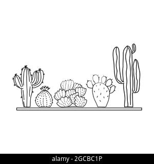 Cactus in linea. Gruppo di cactus disegnati a mano. Elementi Doodle per il design. Piante del deserto. Illustrazione vettoriale isolata su sfondo bianco Illustrazione Vettoriale