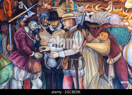 Arrivo di Hernan Cortes a Veracruz con occhi blu mestizo bambino e sifilide malati Hernan Cortes, Diego Rivera murale, Palazzo Presidenziale, Città del Messico Foto Stock