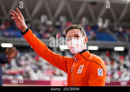 TOKYO, GIAPPONE - 8 AGOSTO: Harrie Lavreysen dei Paesi Bassi durante la cerimonia di Medaglia della pista ciclabile durante i Giochi Olimpici di Tokyo 2020 al Velodrome di Izu l'8 agosto 2021 a Tokyo, Giappone (Foto di Yannick Verhoeven/Orange Pictures) Foto Stock