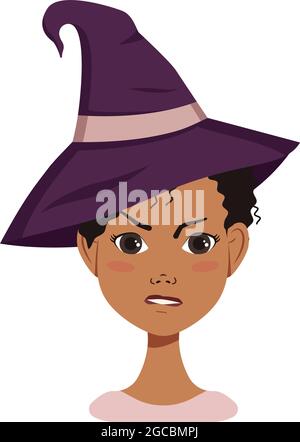 Avatar femminile afro-americana con capelli neri ricci, emozioni arrabbiate, viso furioso e labbra pursate, indossando un cappello di strega. Personaggio di Halloween in costume Illustrazione Vettoriale