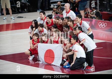 Giappone team (JPN), Stati Uniti vs Giappone - Medaglia d'oro gioco Basket 08 agosto 2021: Tokyo 2020 Giochi Olimpici a Saitama Super Arena a Tokyo, Giappone. Credit: Enrico Calderoni/AFLO SPORT/Alamy Live News Foto Stock