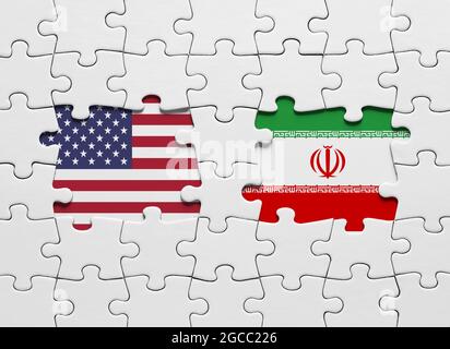 Puzzle con le bandiere nazionali degli Stati Uniti d'America e dell'Iran. Foto Stock