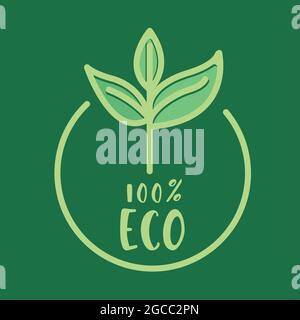 Set di vari badge ecologici verdi al 100% con foglia. Illustrazione Vettoriale