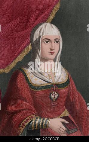 Isabella i (1451-1504). Regina di Castiglia (1474-1504). Regina consorte di Aragona per il suo matrimonio con Ferdinando II d'Aragona. Verticale. Incisione di Antonio Roca Sallent. Las Glorias Nacionales, 1853. Colorazione successiva. Autore: Antonio Roca Sallent (1813-1864). Incisore spagnolo. Foto Stock