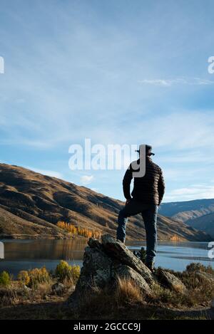 Un uomo in piedi sulle rocce dal fiume Clutha, guardando le colline ondulate in autunno. Centro di Otago, Isola del Sud. Formato verticale. Foto Stock