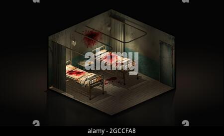 Orrore e reparto creepy in ospedale con sangue. Illustrazione 3d Isomatric. Foto Stock