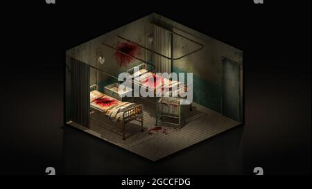 Orrore e reparto creepy in ospedale con sangue. Illustrazione 3d Isomatric. Foto Stock