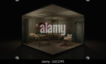 Orrore e reparto creepy in ospedale con sedia a rotelle con sangue. illustrazione 3d. Foto Stock
