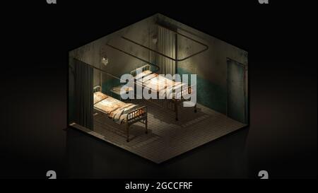 Orrore e creepy reparto sala in ospedale .3d illustrazione Isomatric. Foto Stock