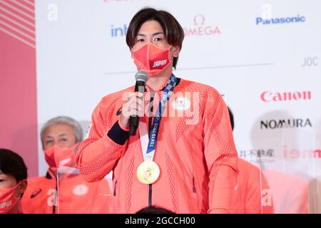 Tokyo, Giappone. 8 agosto 2021. Ryutaro Umeno (JPN) Baseball : medaglia d'oro Ryutaro Umeno durante la conferenza stampa dei Giochi Olimpici di Tokyo 2020 alla Japan House di Tokyo, Giappone . Credit: AFLO SPORT/Alamy Live News Foto Stock